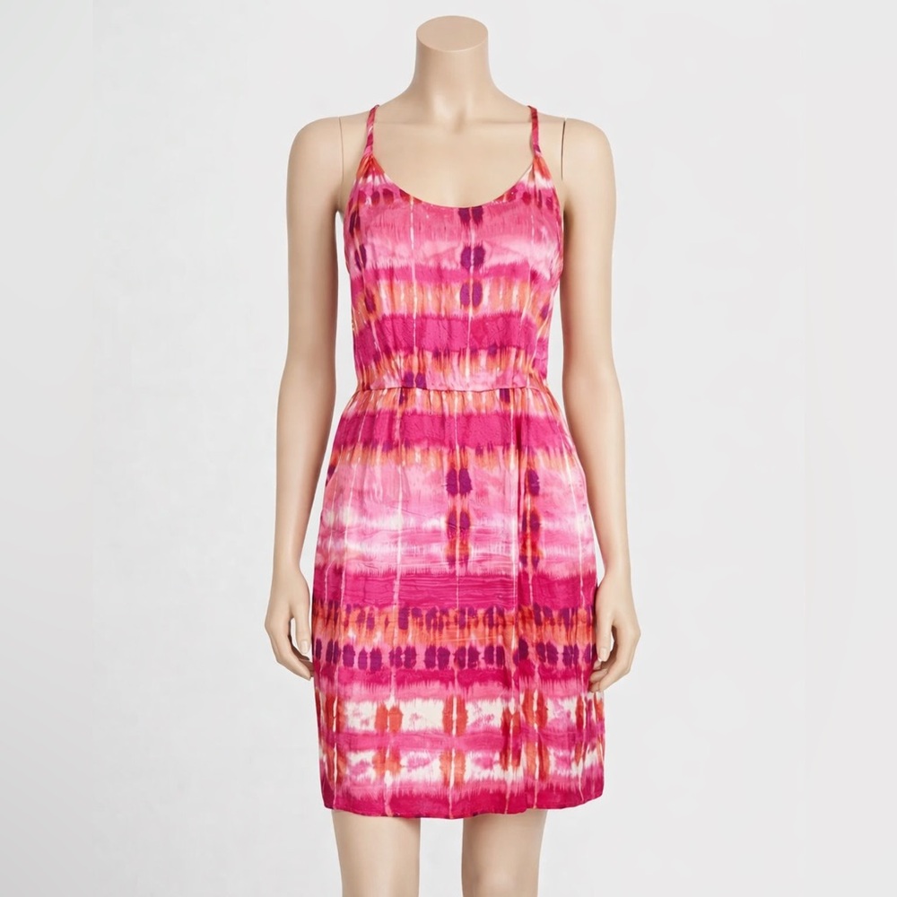 Banana Republic Silk Pink Ikat Strappy Back Dress Sz 10 Vacay Cocktail Pockets